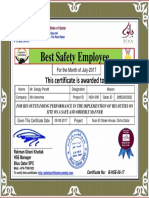 Sanjay Pandit Best Safety Employee Award Certificate For Month July 2017