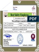 Yogesh Sharma Best Safety Employee Award Certificate For Month July 2017