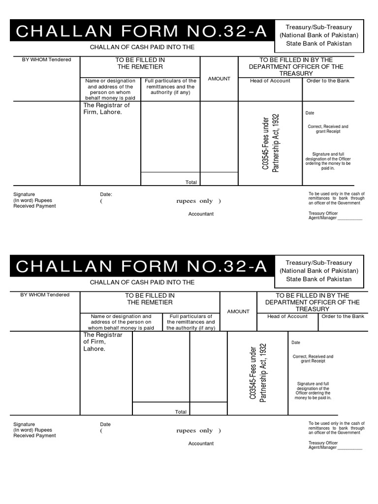 Treasury Challan Form No. 32-A | PDF | Cash | Payments