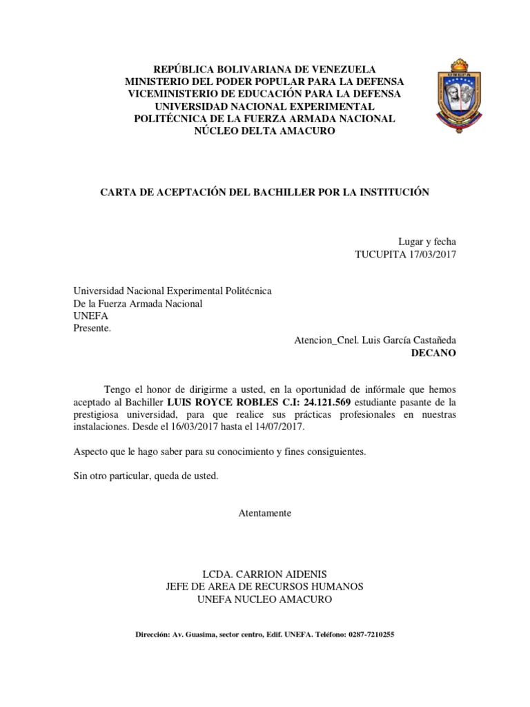 Modelo de Carta de Aceptación