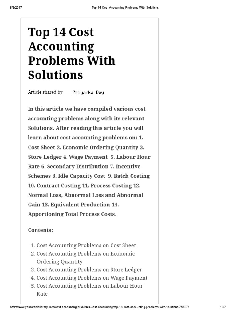Top 14 Cost Accounting Problems With Solutions Cost Accounting
