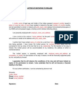 Letter Of Invitation To Ireland Travel Visa Passport