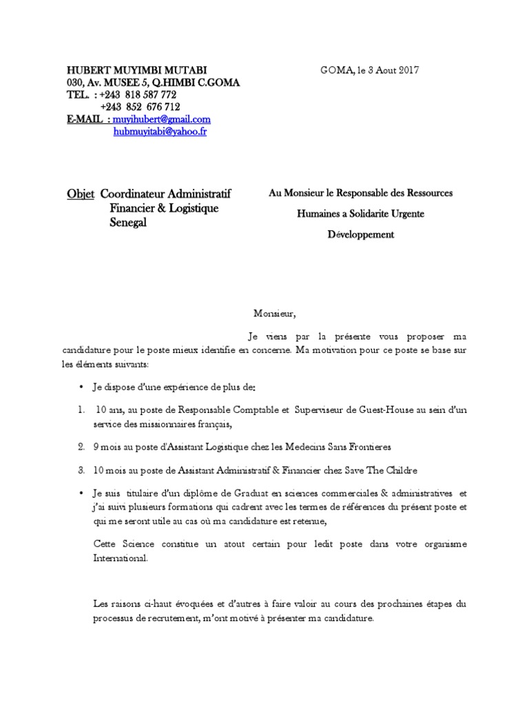 Lettre De Motivation Pour Assistant Administratif Et Financier