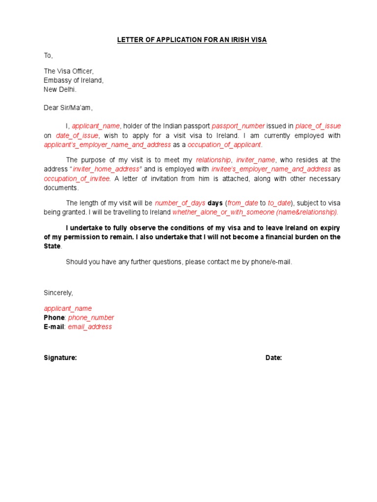 irish visa application letter template