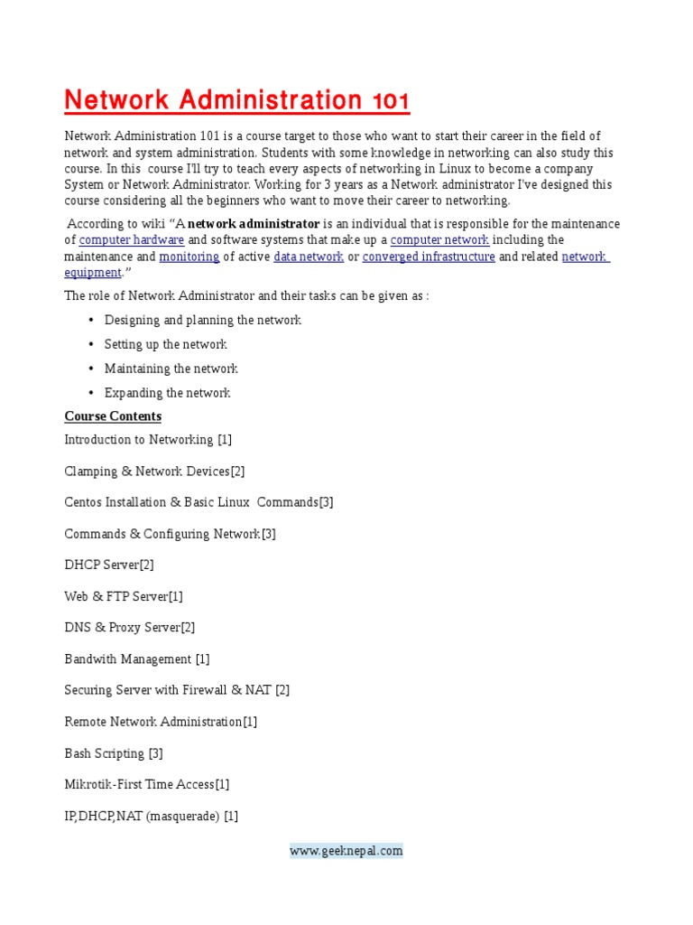 Network Administration Handsout | PDF | Ip Address | Computer Network