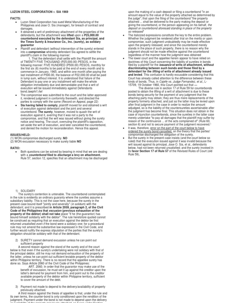 Luzon Steel Corporation V Sia Digest | PDF | Surety Bond | Judgment (Law)