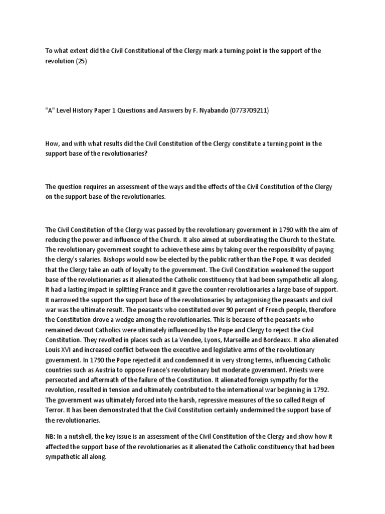 How Did The Civil Construction Of The Clergy Mark A Turning Point In The History Catholic Church Revolutions