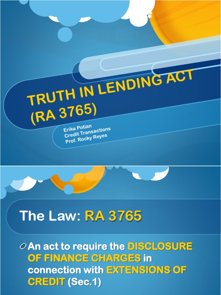 Truth in Lending Act Erika PDF Truth In Lending Act Credit (Finance)