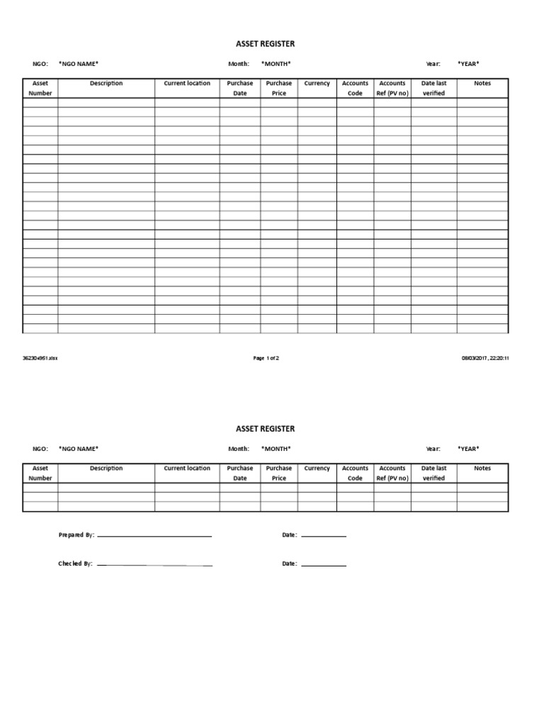 NGO Fixed Asset Register Template | PDF
