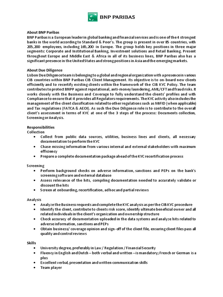BNP Paribas Due Diligence Job Description PDF Bnp Paribas Money Laundering