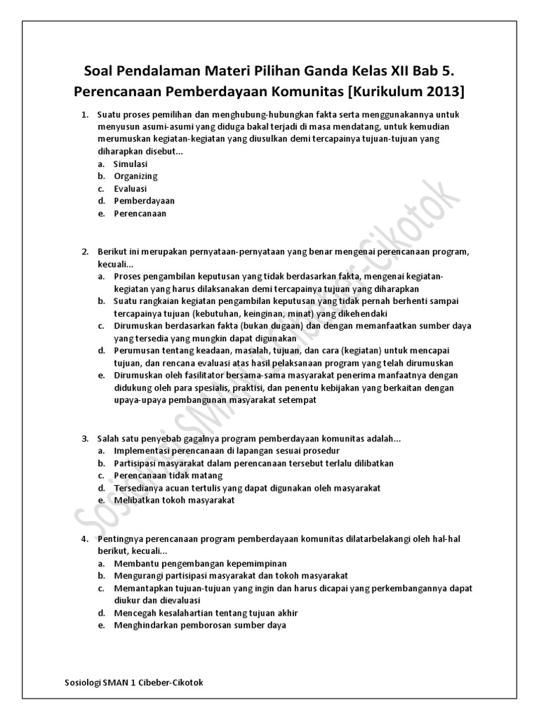 Soal Pendalaman Materi Pilihan Ganda Kelas Xii Bab 5 Perencanaan Pemberdayaan Komunitas Kurikulum 2013