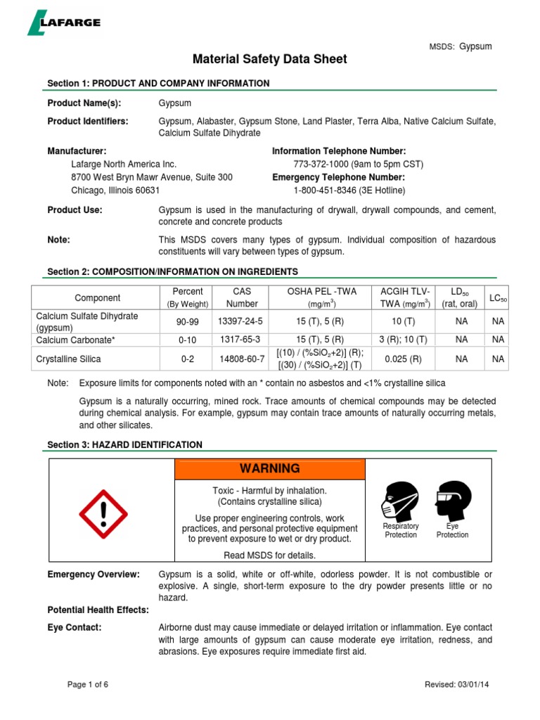 Natural Gypsum MSDS 2017 Personal Protective Equipment Resource
