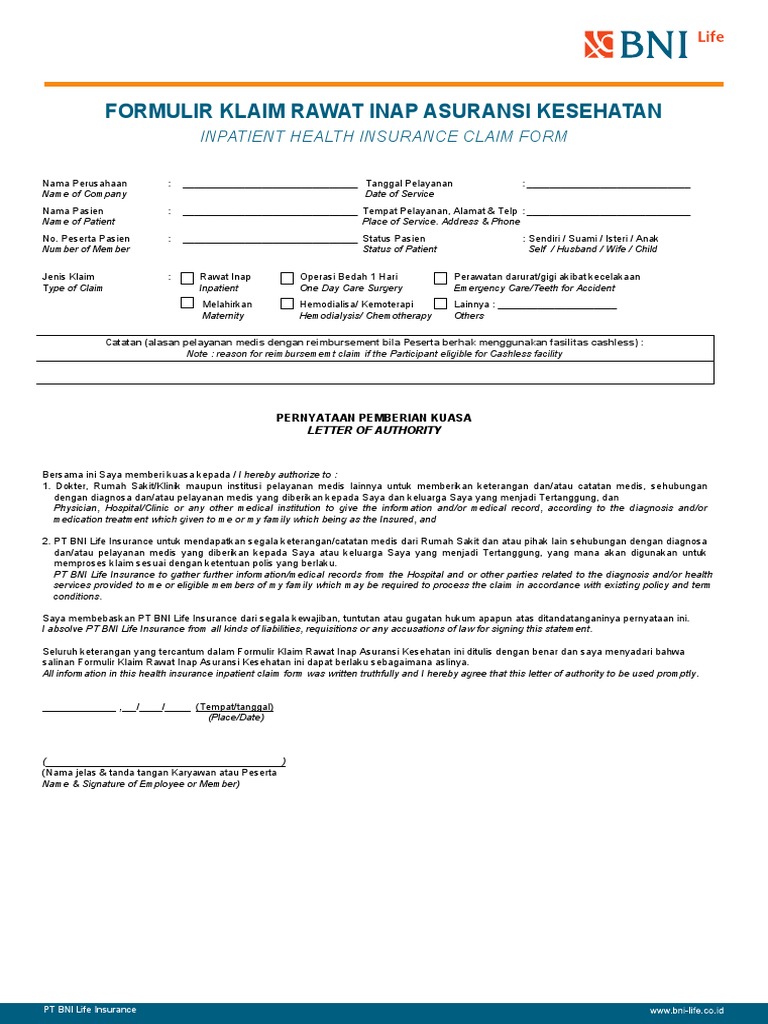 Formulir Klaim Reimbursemen Rawat Inap Pdf