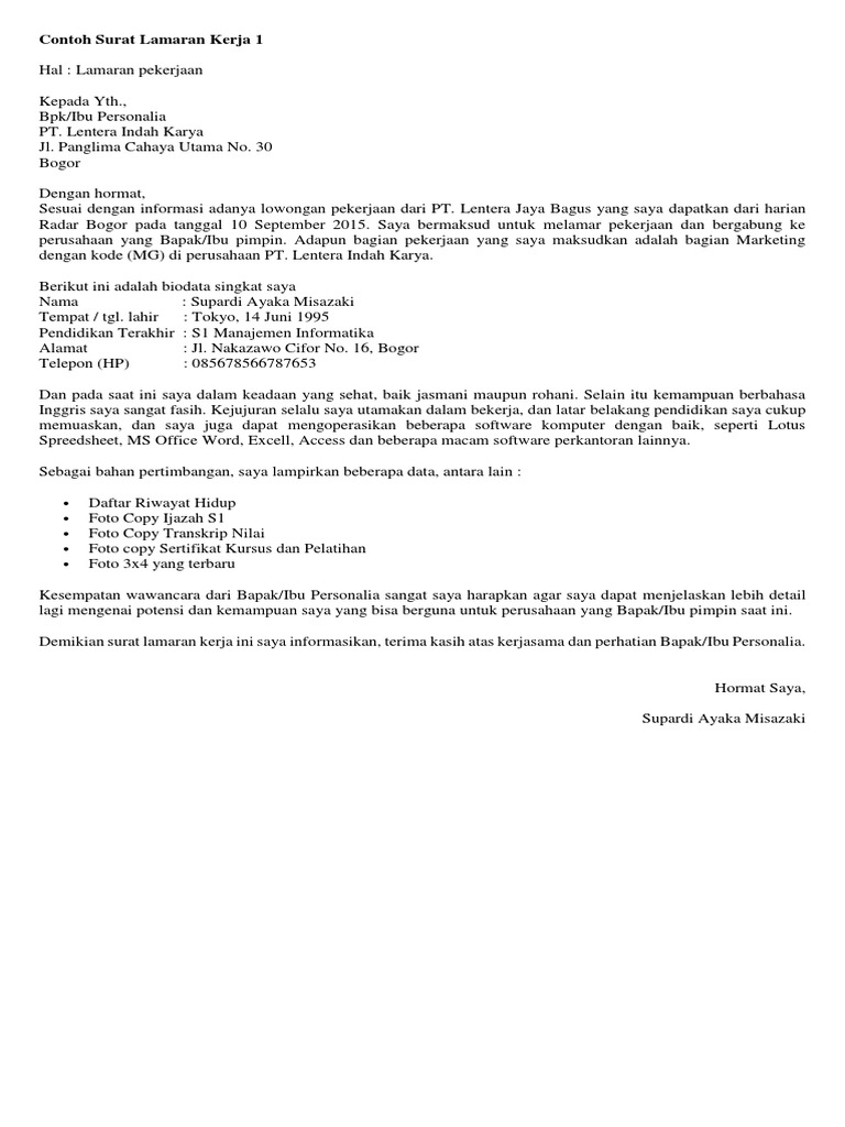Contoh Surat Lamaran Kerja Ms Word - Kumpulan Contoh Surat