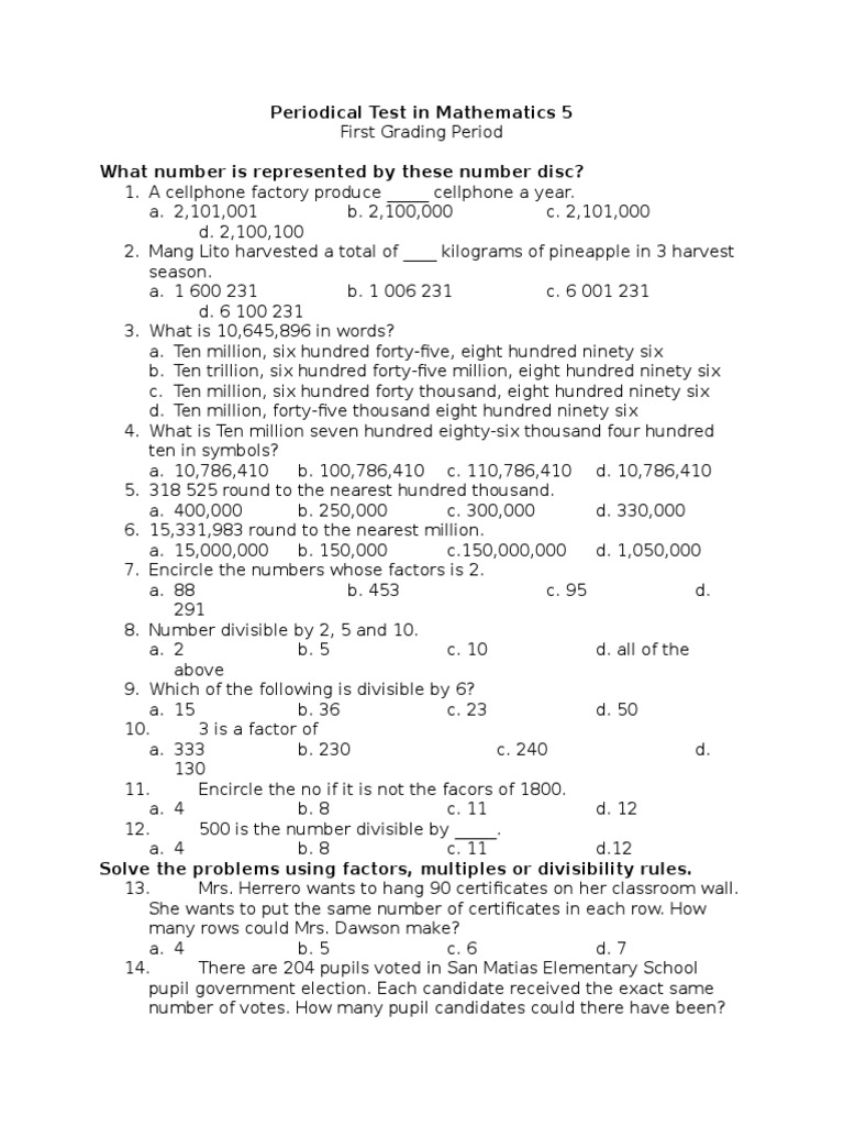 Grade 5 Math 1st Periodical Test | PDF | Teaching Mathematics