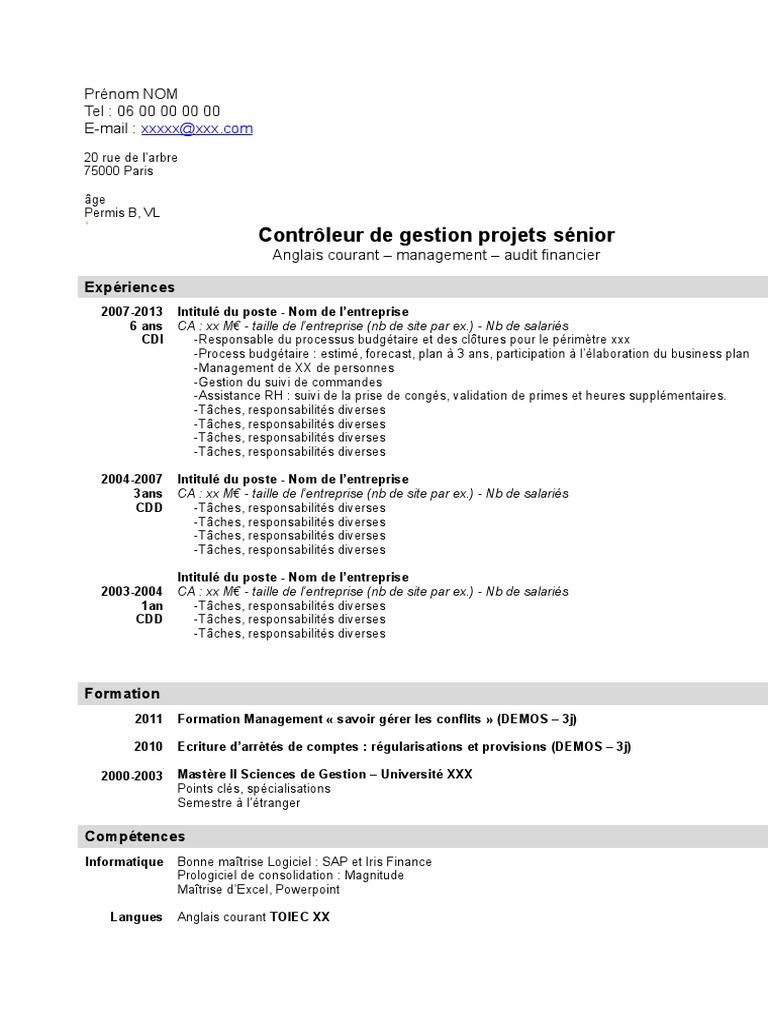 Exemple De Cv Controleur De Gestion Senior Pdf