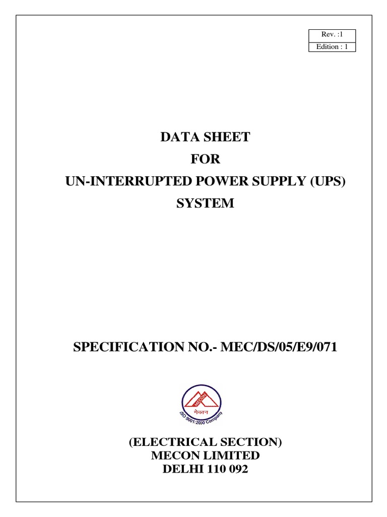 Specification for an Uninterrupted Power Supply (UPS) System Data Sheet ...