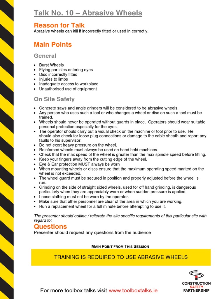 Toolbox Talk 10 Abrasive Wheels PDF Abrasive Grinding (Abrasive