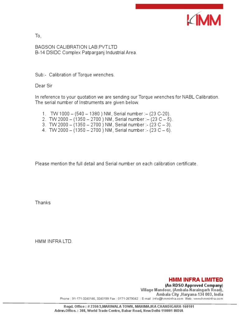 Calibration Letter Torque Mathematics