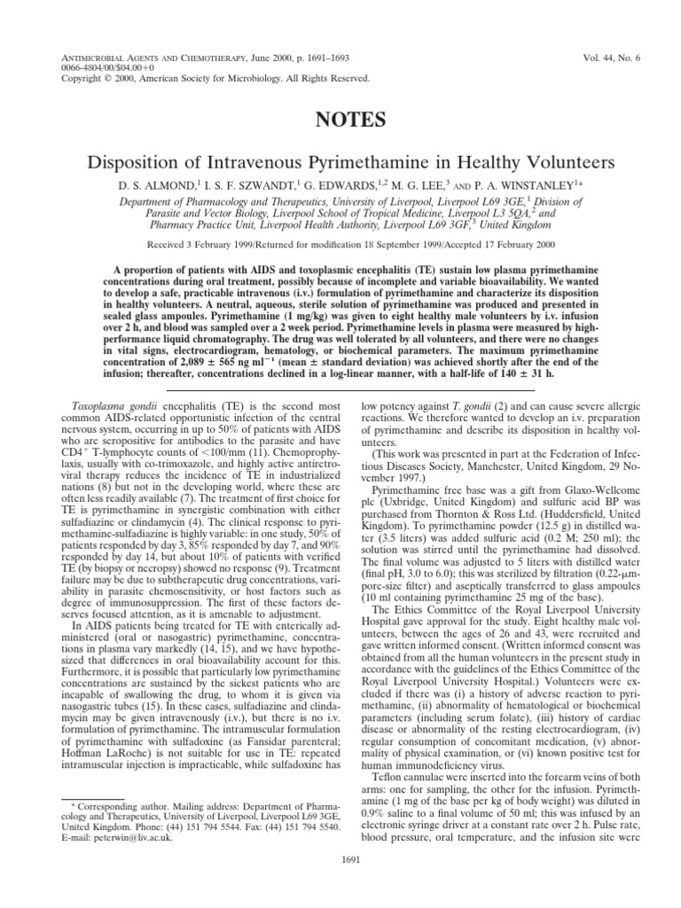 Almond Disposition of IV Pyrimeth in Healthy Vols 00 PDF