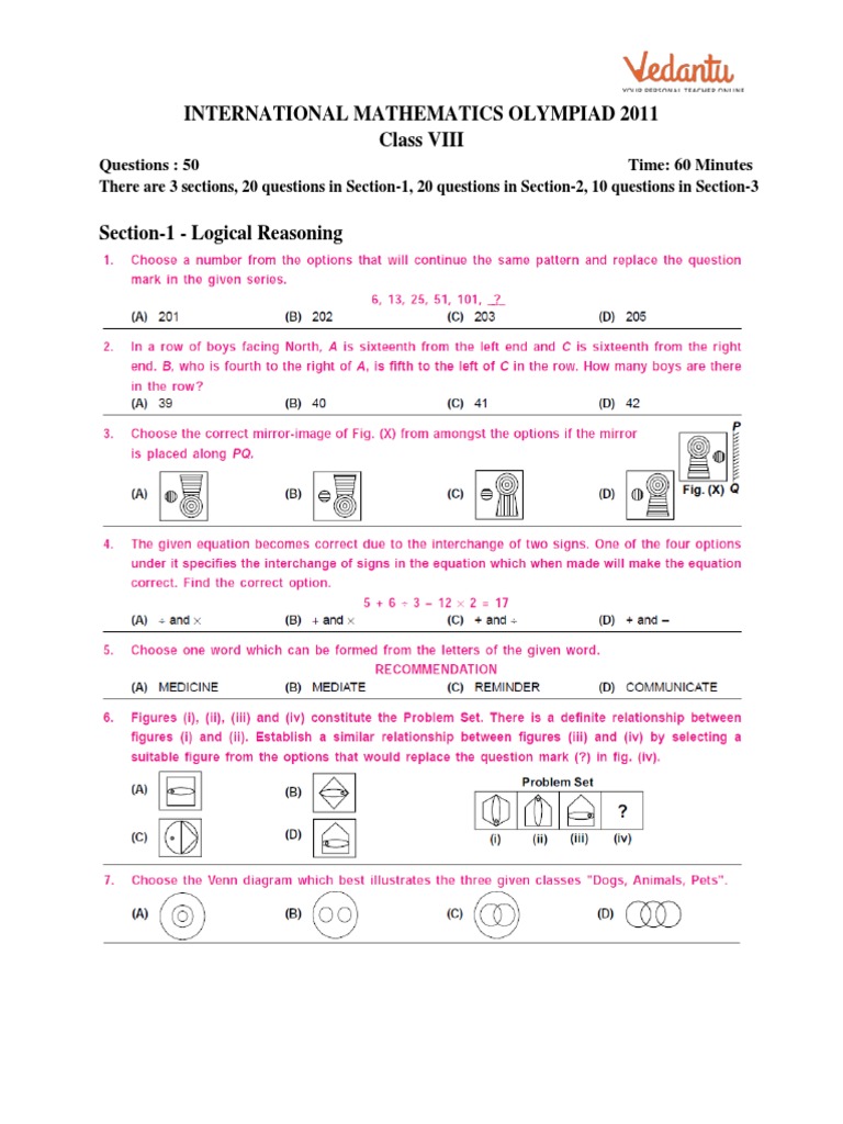 International Mathematics Olympiad 2011 Question Paper Class8