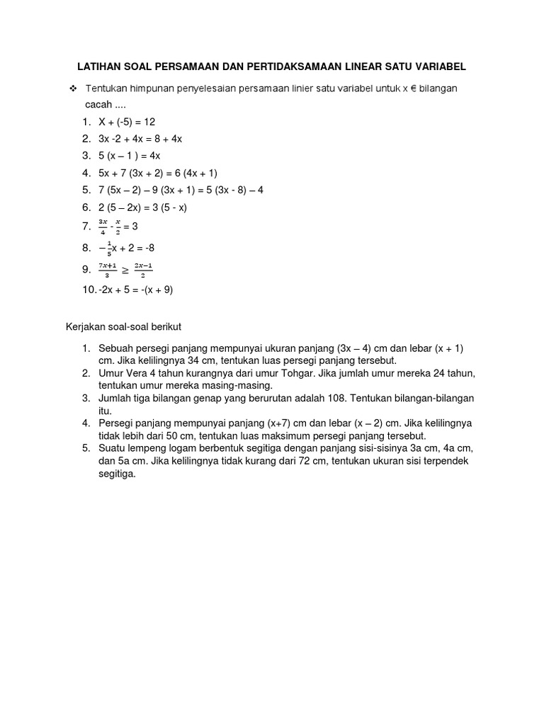 Latihan Soal Persamaan Dan Pertidaksamaan Linear Satu Variabel