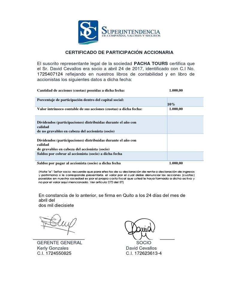 Certificado de Participación Accionaria | PDF | Dividendo | Accionistas