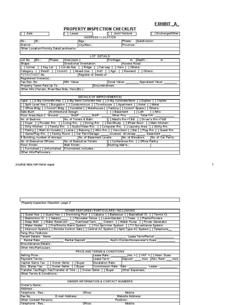 EXIBIT A - Property Inspection Checklist | PDF | Lease | Renting