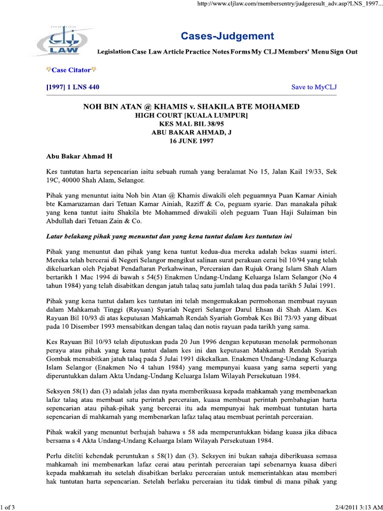 Noh Bin Atan At Khamis Vs Shakila Bte Mohamed 1997 1 Lns 440 Pdf