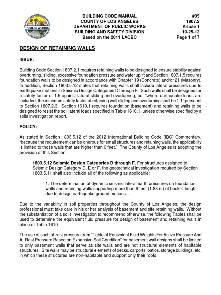 Retaining Wall Design Guidelines LACBC | PDF | Geotechnical Engineering ...