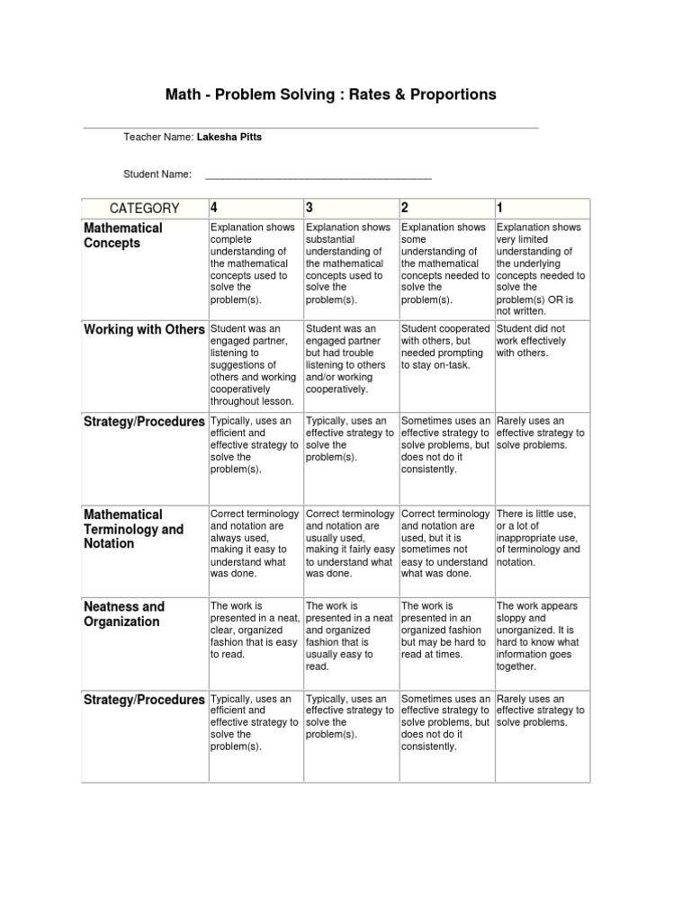 Math Rubric PDF Teaching Mathematics Psychological Concepts