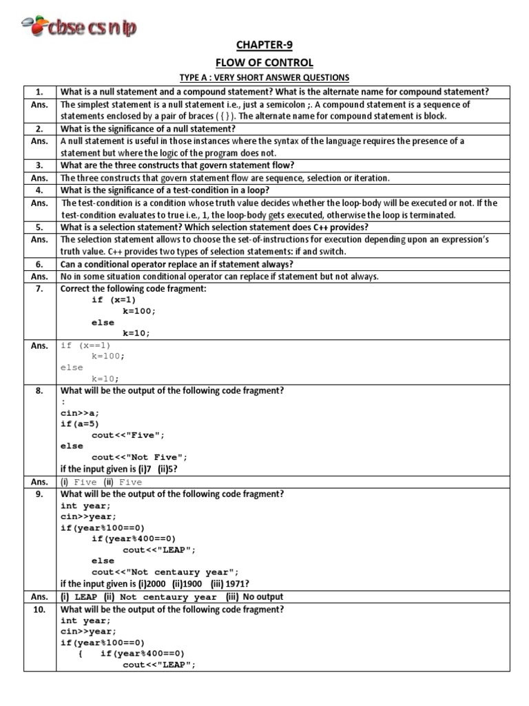 Cbse - Class - 11 - C++ - Flow - of - Control - Solved - Questions PDF ...
