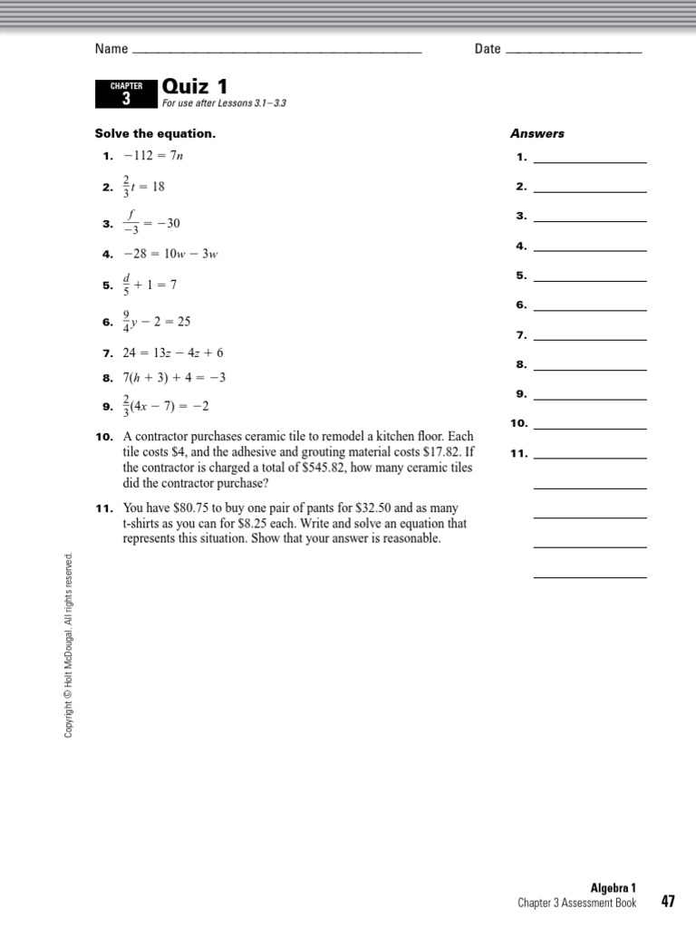 Holt Algebra 1 Chapter 03 Quiz 1 Rational Number Ratio