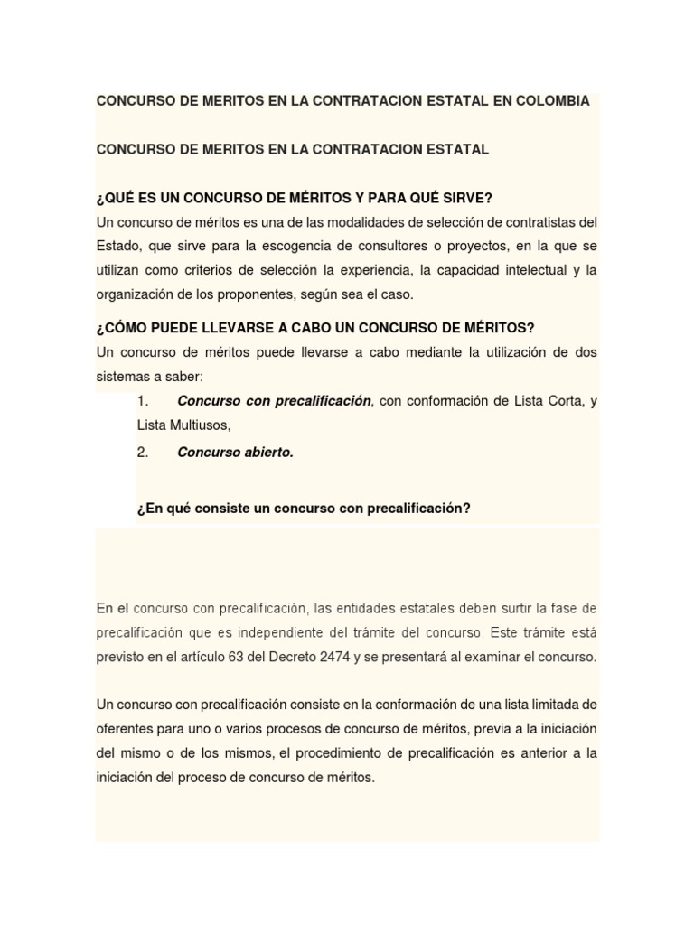 Concurso de Meritos en La Contratacion Estatal en Colombia | PDF ...