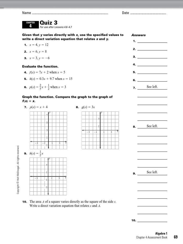 Holt Algebra 1 - Chapter 04 - Quiz 3 | PDF | Ratio | Mathematical Objects