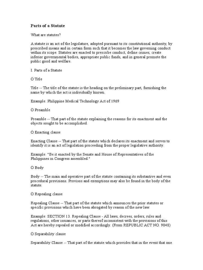 Parts of A Statute PDF United States House Of Representatives Bill (Law)