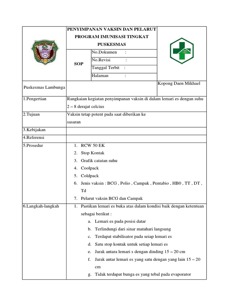 Sop Penyimpanan Vaksin Dan Pelarut Program Imunisasi Sop Penyimpanan Vaksin Dan Pelarut Program Imunisasi