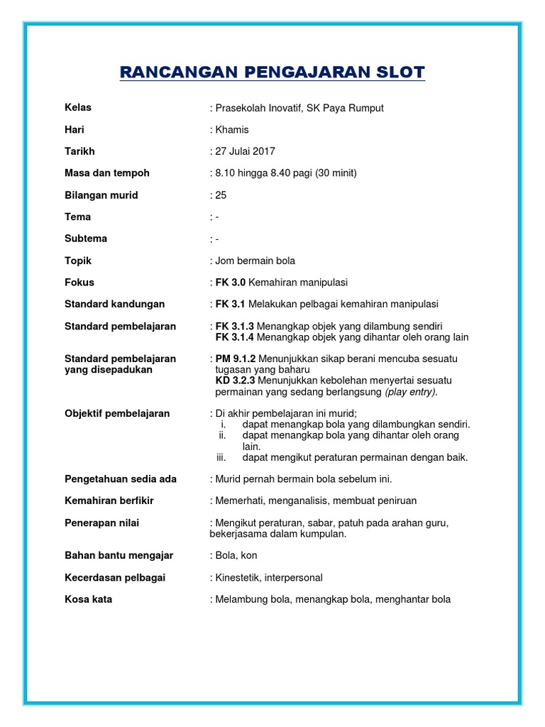 Contoh Rancangan Pengajaran Harian Prasekolah Riset - Riset