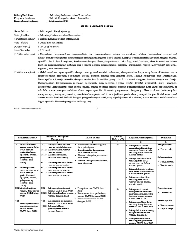 Rpp Dasar Desain Grafis Kurikulum 2013 Revisi 2017 Doc Revisi Sekolah