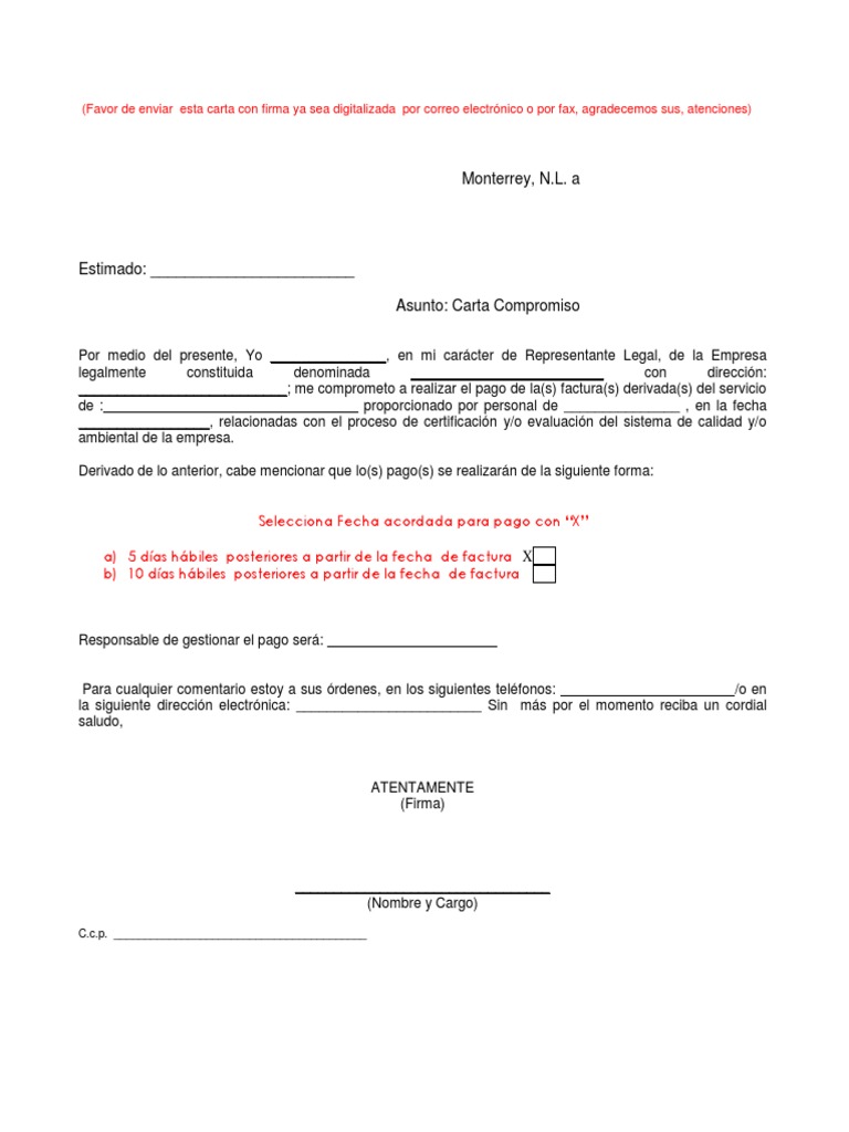 Ejemplo Redaccion Carta Compromiso de Pago