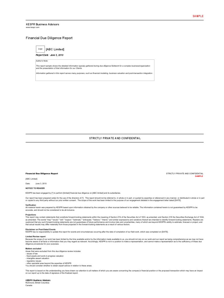 Financial Due Diligence Report Sample | PDF | Book Value | Retained ...