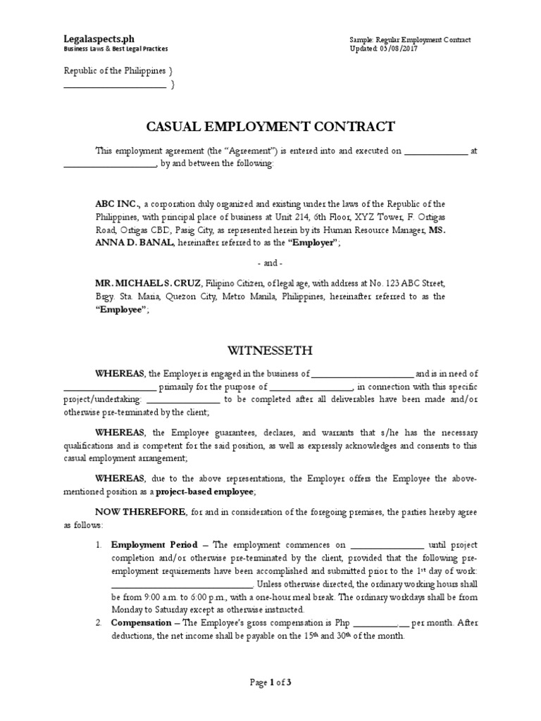 Sample Project Based Employment Contract Legalaspects PH | PDF ...