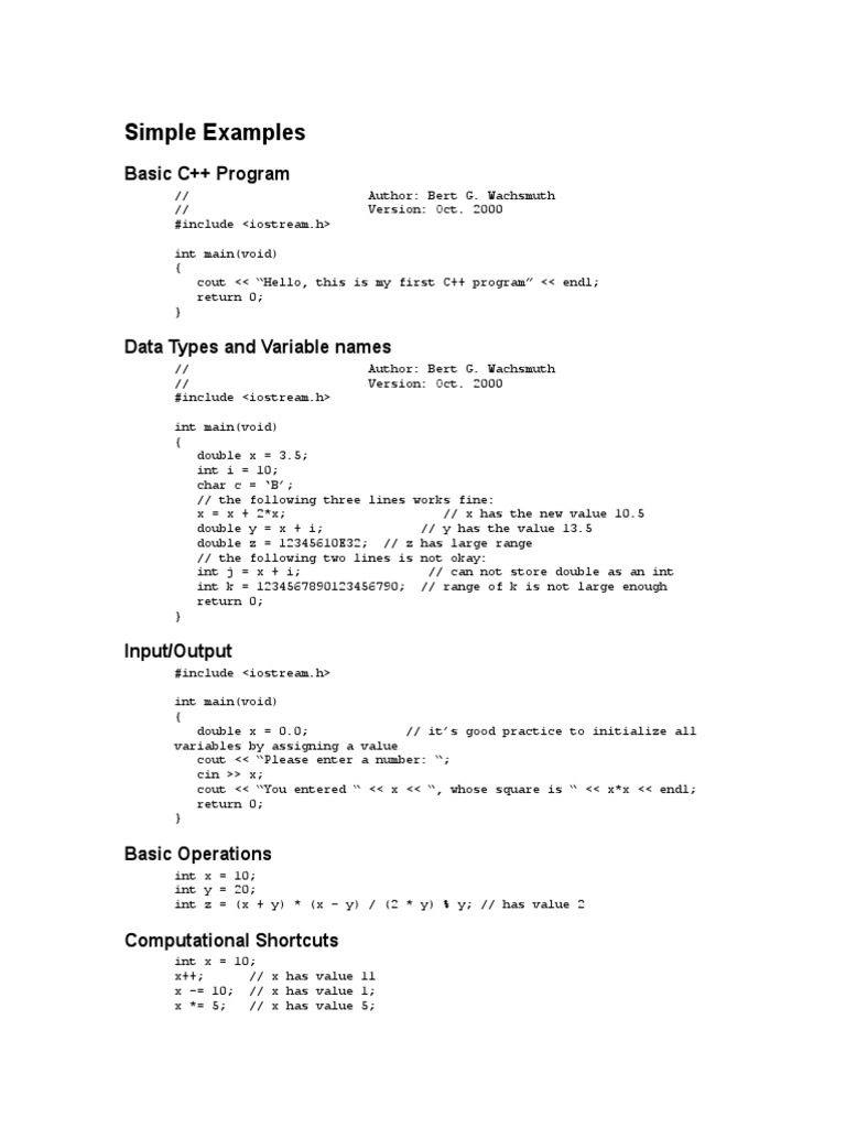 Simple Examples: Basic C++ Program | Download Free PDF | Integer ...
