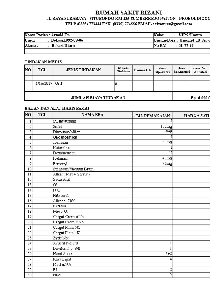 Rincian Biaya Medis Rumah Sakit Rizani | PDF