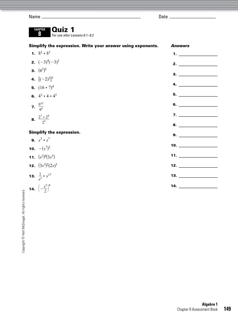 Holt Algebra 1 Chapter 08 Quiz 1 Algebra Teaching Mathematics