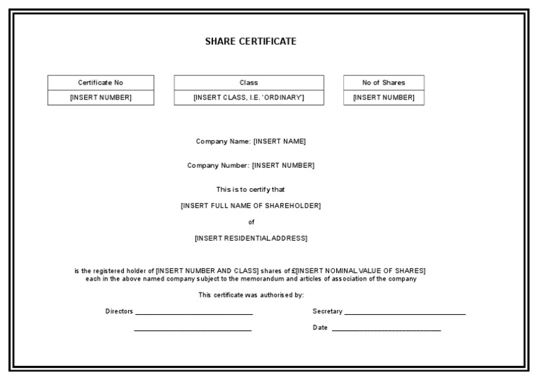 EDITABLE Stock Certificate Template Printable Certificate of 