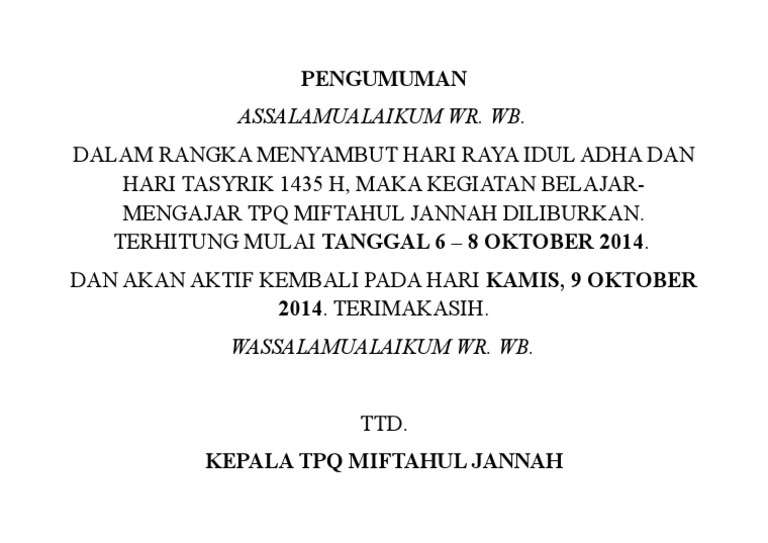 Pengumuman Libur Idul Adha