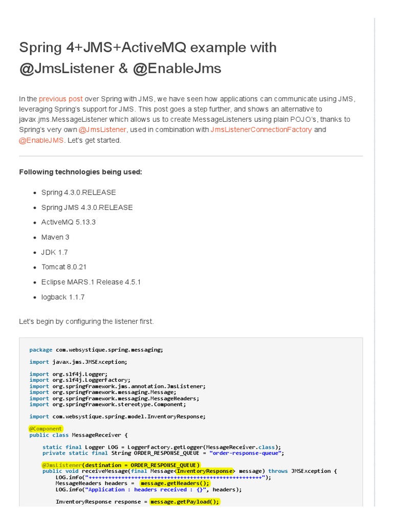 Spring 4+JMS+ActiveMQ Example With @JmsListener & @EnableJms ...