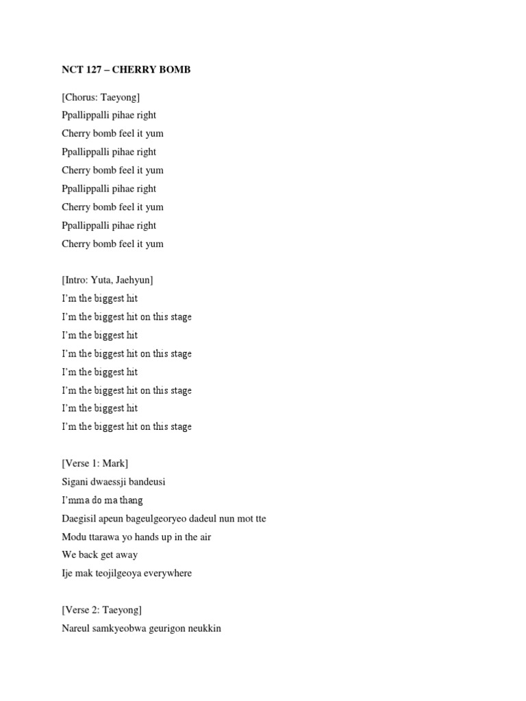 NCT 127 Cherry Bomb Lyrics PDF