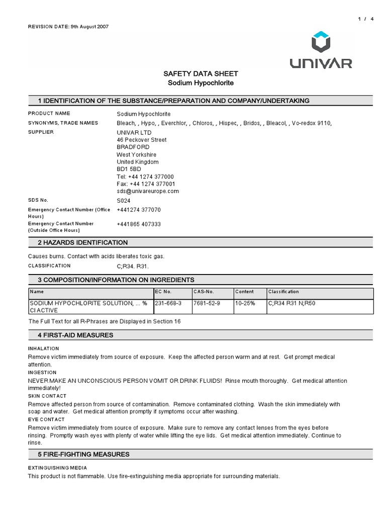 Sds Sodium Hypochlorite PDF Personal Protective Equipment Chlorine